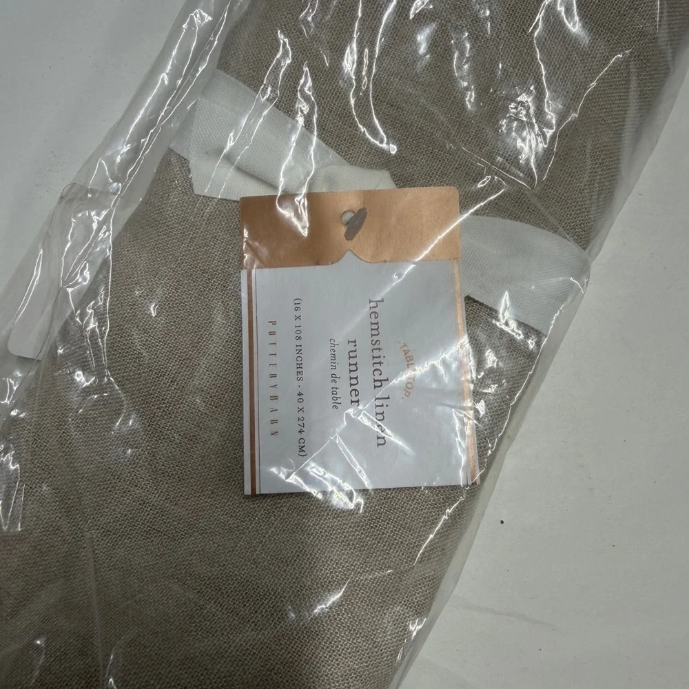 Pottery Barn Linen Hemstitch Table Runner in Natural/Taupe
